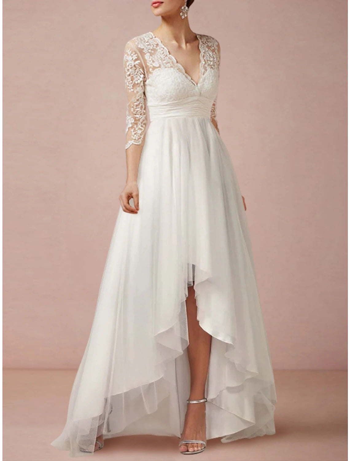 Mature Wedding Dresses Sheath / Column V Neck 3/4 Length Sleeve Asymmetrical Chiffon Bridal Gowns With Pleats Ruched