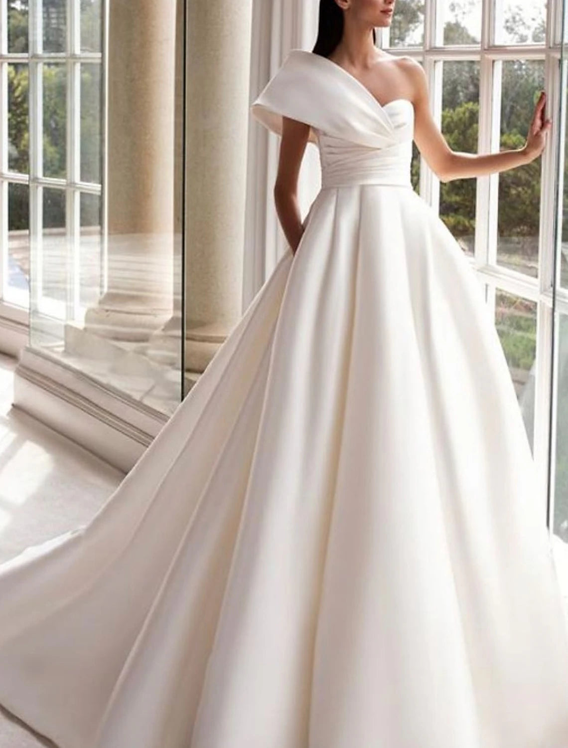 Hall Formal Wedding Dresses A-Line One Shoulder Sleeveless Sweep / Brush Train Satin Bridal Gowns With Ruched