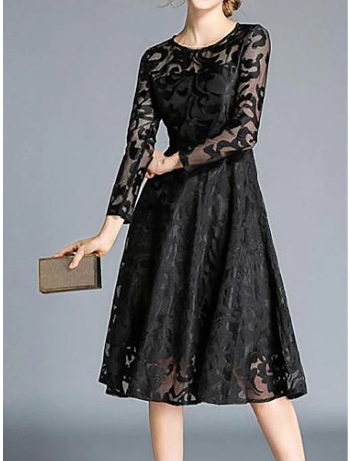 Women's Party Dress Lace Dress Swing Dress Midi Dress Wine Red Black Blue Long Sleeve Pure Color Lace Winter Fall Spring Crew Neck Elegant Party Winter Dress Wedding Guest