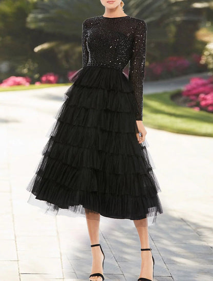 A-Line Cocktail Dresses Sparkle Black Dress Plus Size Party Wear Wedding Guest Tea Length Long Sleeve Jewel Neck Fall Wedding Guest Tulle with Sequin Tiered 2024