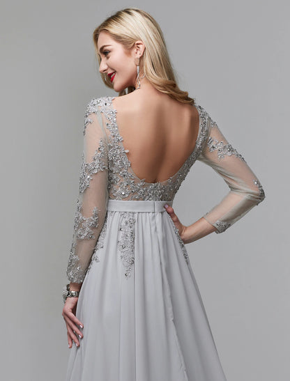 A-Line Luxurious Engagement Formal Evening Dress Illusion Neck V Back Low Back Long Sleeve Chapel Train Chiffon with Sequin Appliques 2024 / Illusion Sleeve