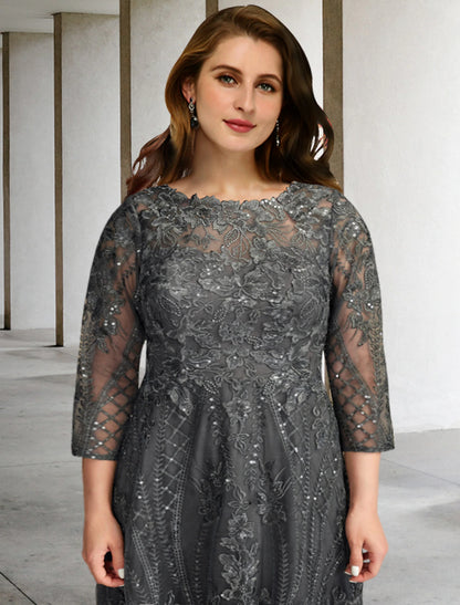 A-Line Plus Size Curve Mother of the Bride Dresses Elegant Dress Formal Wedding Guest Sweep / Brush Train Long Sleeve Jewel Neck Chiffon with Appliques