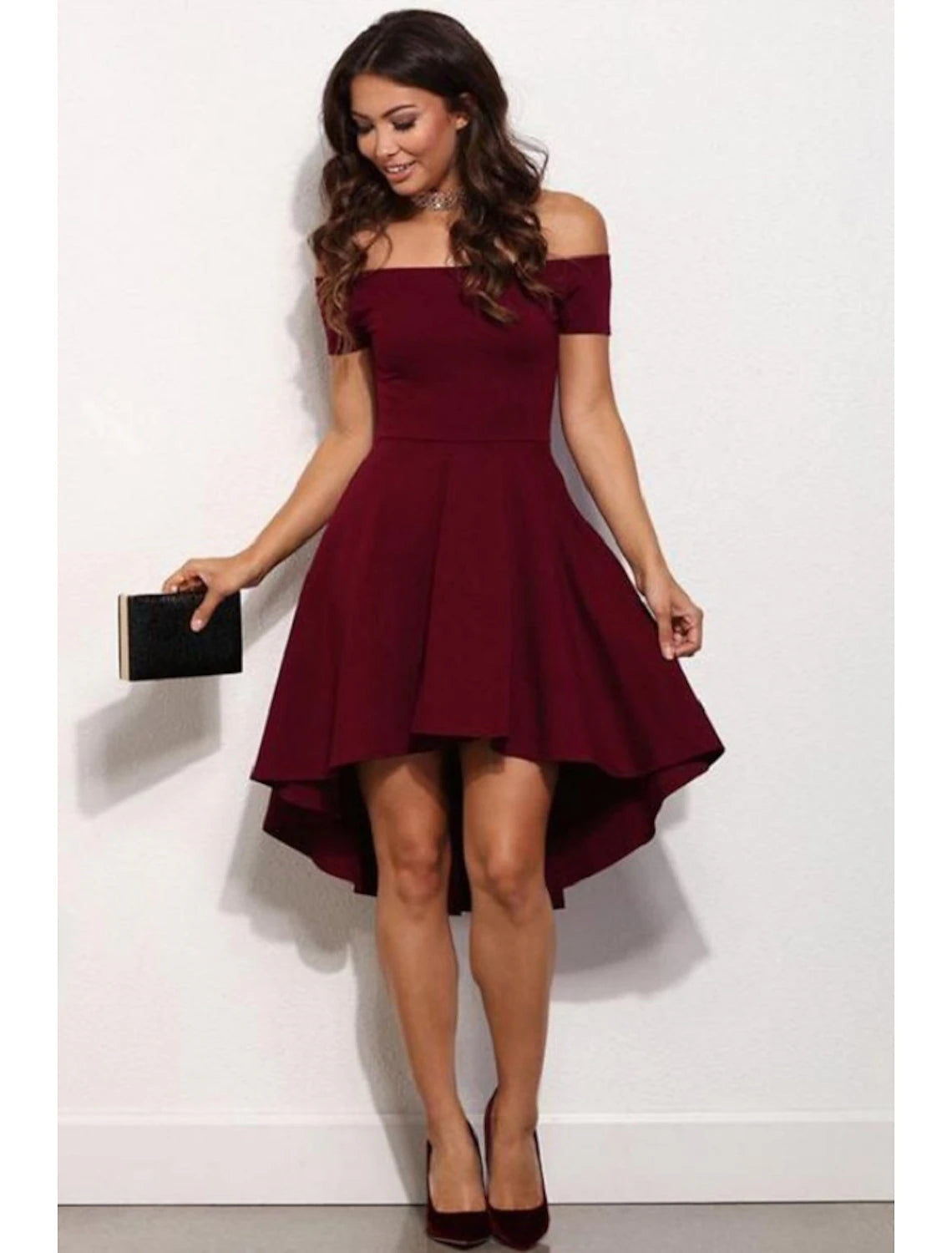 A-Line Fairy Cute Homecoming Party Dress Dress Off Shoulder Short Sleeve Short / Mini Stretch Satin with Pure Color