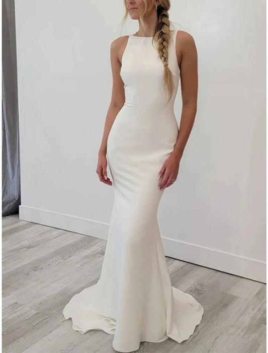 Reception Casual Wedding Dresses Sheath / Column Scoop Neck Sleeveless Sweep / Brush Train Stretch Fabric Bridal Gowns With Solid Color