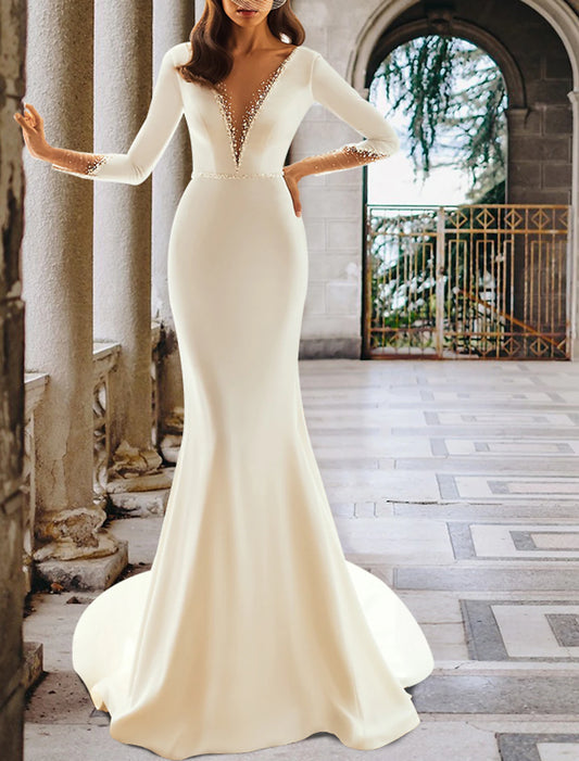 Formal Wedding Dresses Mermaid / Trumpet V Neck Long Sleeve Court Train Satin Bridal Gowns With Crystals Beading