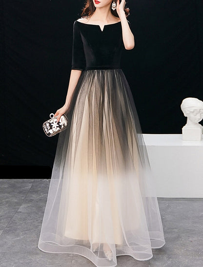 A-Line Elegant Gradient Prom Formal Evening Dress Jewel Neck Half Sleeve Floor Length Tulle with Sleek