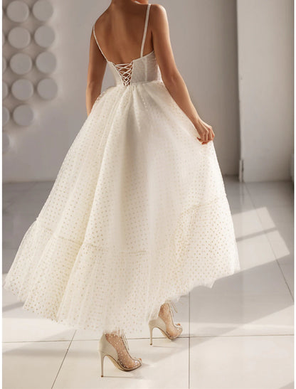 Reception Little White Dresses Wedding Dresses A-Line Sweetheart Camisole Spaghetti Strap Ankle Length Tulle Bridal Gowns With Bow(s)