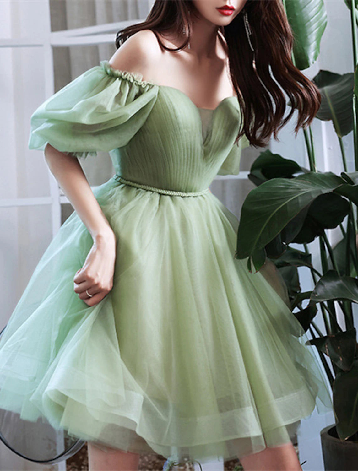 A-Line Homecoming Dresses Tiered Plisse Dress Wedding Guest Graduation Short / Mini Short Sleeve Off Shoulder Tulle with Pleats