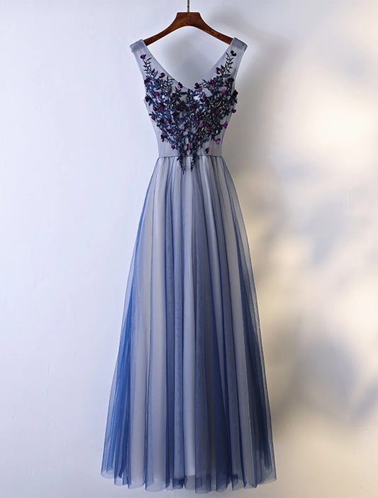 A-Line Bridesmaid Dress V Neck Sleeveless Elegant Floor Length Tulle with Beading / Appliques