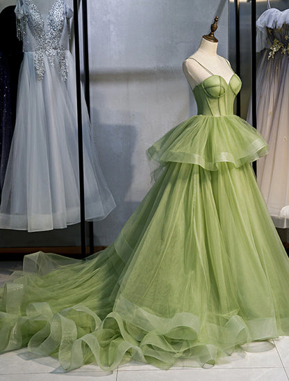 Ball Gown Quinceanera Dresses Elegant Dress Performance Court Train Sleeveless Spaghetti Strap Tulle with Ruffles