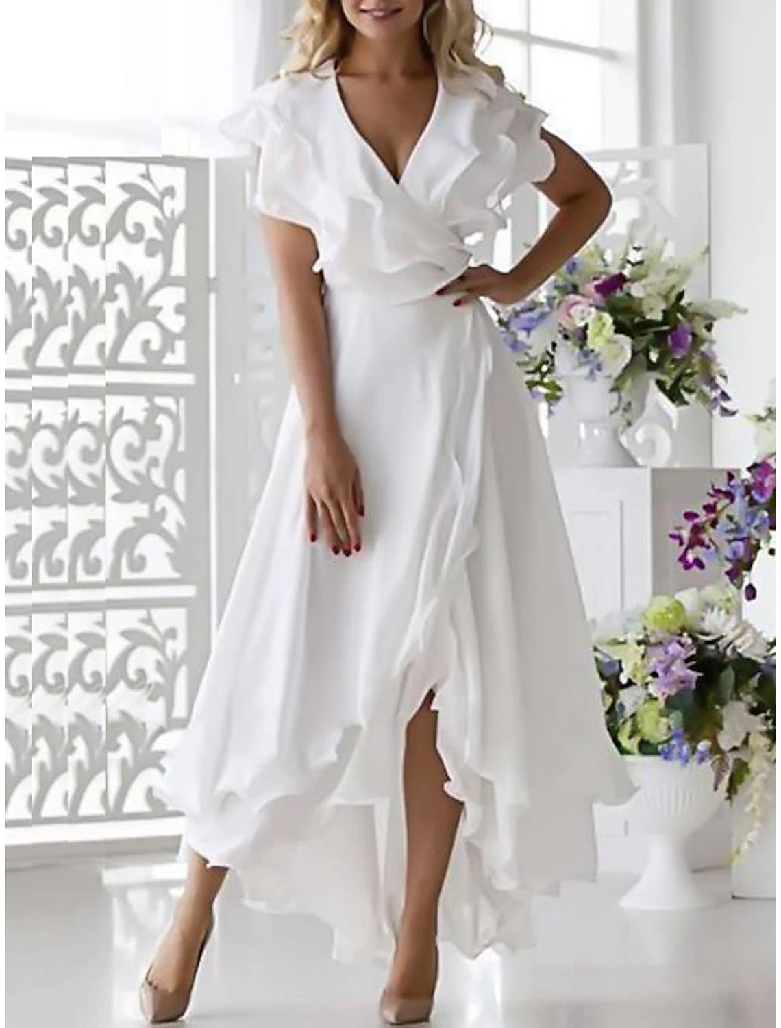 A-Line Simple Wedding Dress Little White Dress Elegant High Low V Neck Plus Size Asymmetrical Chiffon Short Sleeve with Ruffles Split Front