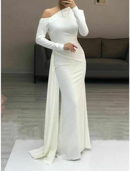 Sheath / Column Minimalist Elegant Wedding Guest Formal Evening Dress One Shoulder Long Sleeve Floor Length Stretch Fabric with Sleek Ruched 2024