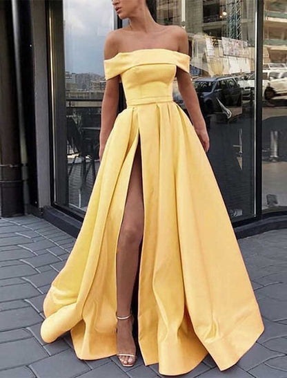 A-Line Prom Dresses Minimalist Dress Wedding Guest Engagement Floor Length Sleeveless Off Shoulder Satin with Slit