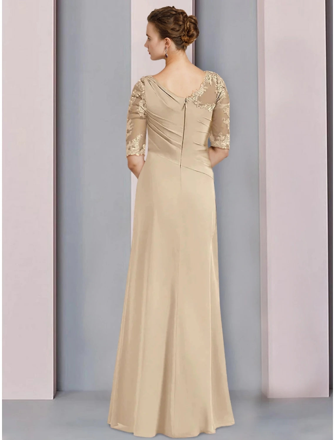 Sheath / Column Mother of the Bride Dress Wedding Guest Elegant Scoop Neck Floor Length Chiffon Half Sleeve with Lace Ruffles Ruching