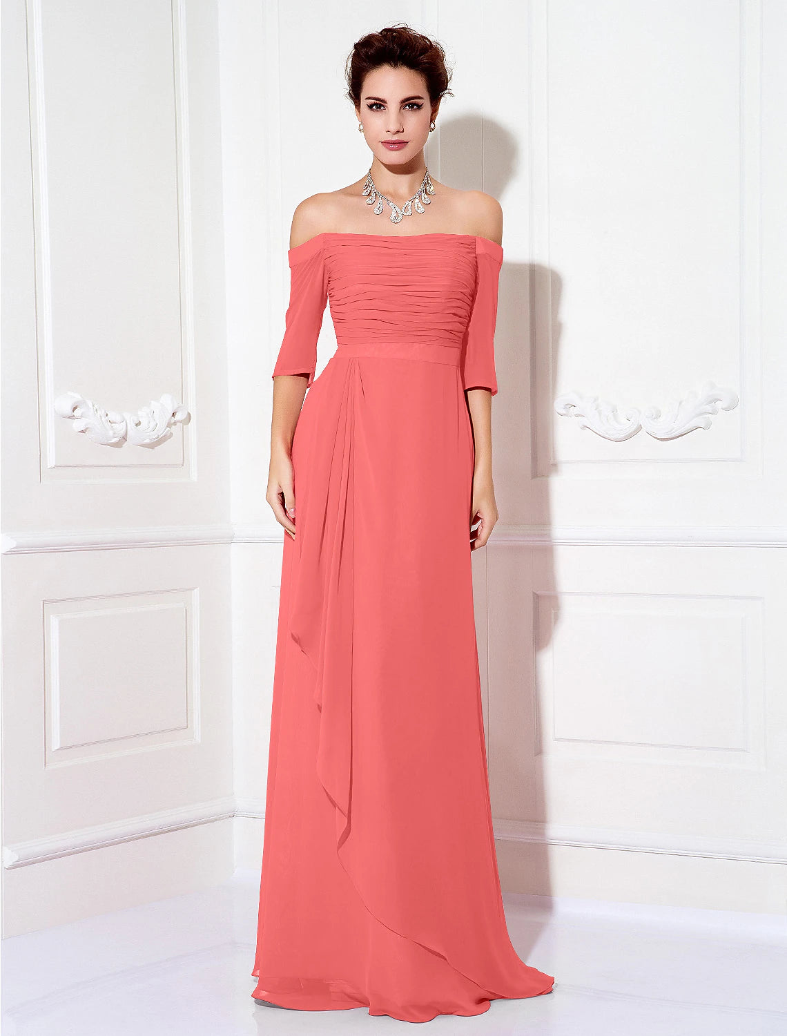 Sheath / Column Minimalist Dress Wedding Guest Formal Evening Sweep / Brush Train Half Sleeve Off Shoulder Bridesmaid Dress Chiffon with Ruched Draping 2024