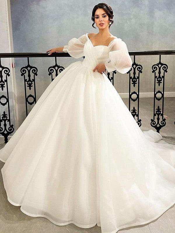 Ball Gown Organza Ruched Sweetheart 3/4 Sleeves Court Train Wedding Dresses