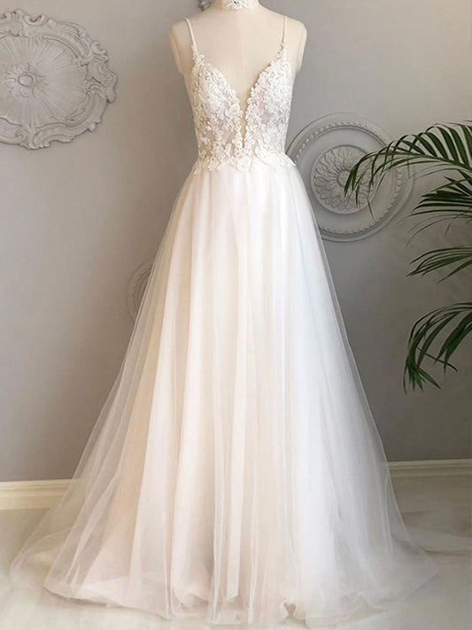 Elegant A-shaped Princess Tulle Applique V-neck Sleeveless Large Swing Brush Tail Wedding Dress