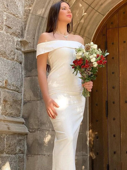 Sheath/Column Stretch Crepe Ruffles Off-the-Shoulder Sleeveless Floor-Length Wedding Dresses