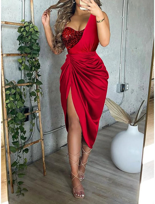 Mermaid Dress Cocktail Dresses Red Green Dress Wedding Guest Party Wear Tea Length Short Sleeve Spaghetti Strap Polyester with Ruched Sequin Slit