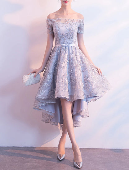 A-Line Cocktail Dresses Elegant Dress Wedding Guest Homecoming Asymmetrical Short Sleeve Off Shoulder Tulle with Bow(s) Pleats