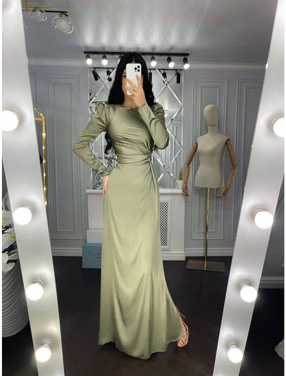 Sheath Party Dress Evening Gown Elegant Dress Wedding Guest Fall Floor Length Long Sleeve High Neck Bridesmaid Dress Satin with Ruched