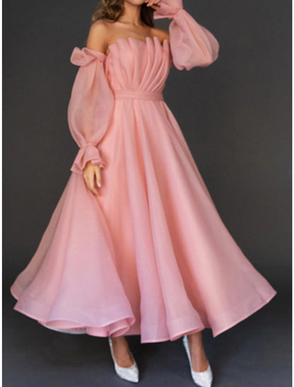 Women's Prom Dress Party Dress Homecoming Dress Long Dress Maxi Dress Pink Long Sleeve Pure Color Ruched Fall Winter Autumn Strapless Fashion Wedding Guest Birthday Evening Party