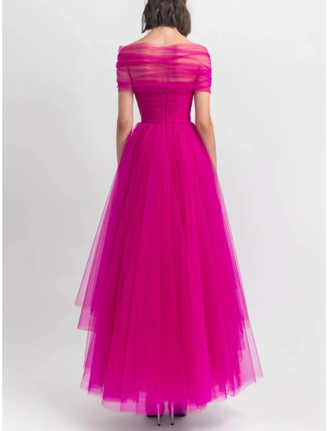 A-Line Evening Gown Party Dress Puffy Dress Formal Fall Ankle Length Short Sleeve Off Shoulder Tulle with Pleats Ruched 2024