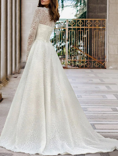 Engagement Formal Fall Wedding Dresses A-Line Illusion Neck Long Sleeve Court Train Lace Bridal Gowns With Sashes / Ribbons Pleats Summer Wedding Party