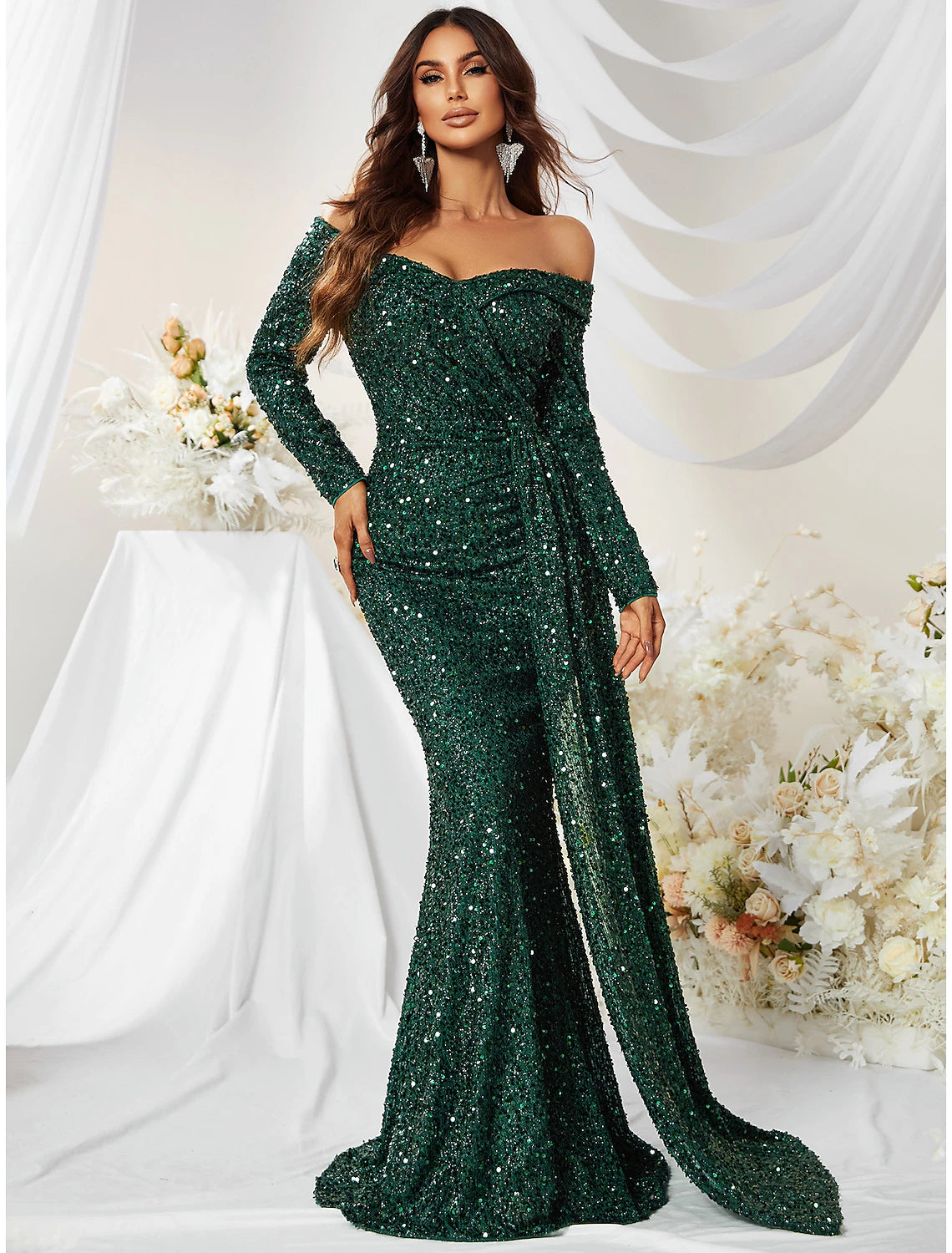 Mermaid Evening Gown Sparkle Christma Green Dress Formal Wedding Guest Sweep / Brush Train Long Sleeve Off Shoulder Polyester with Sequin