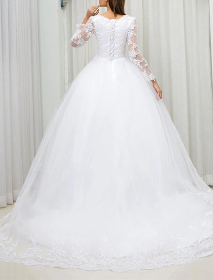 Engagement Formal Wedding Dresses Ball Gown V Neck Long Sleeve Court Train Lace Bridal Gowns With Appliques