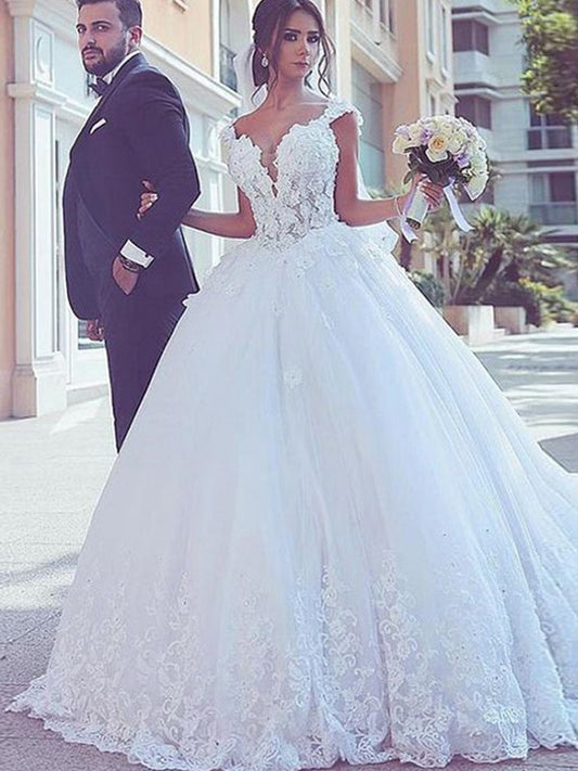 Ball Gown Sweetheart Sleeveless Sweep/Brush Train Lace Tulle Wedding Dresses