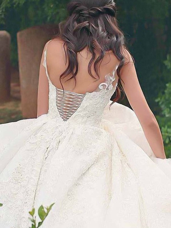 Ball Gown Spaghetti Straps Sleeveless Sweep/Brush Train Lace Tulle Wedding Dresses