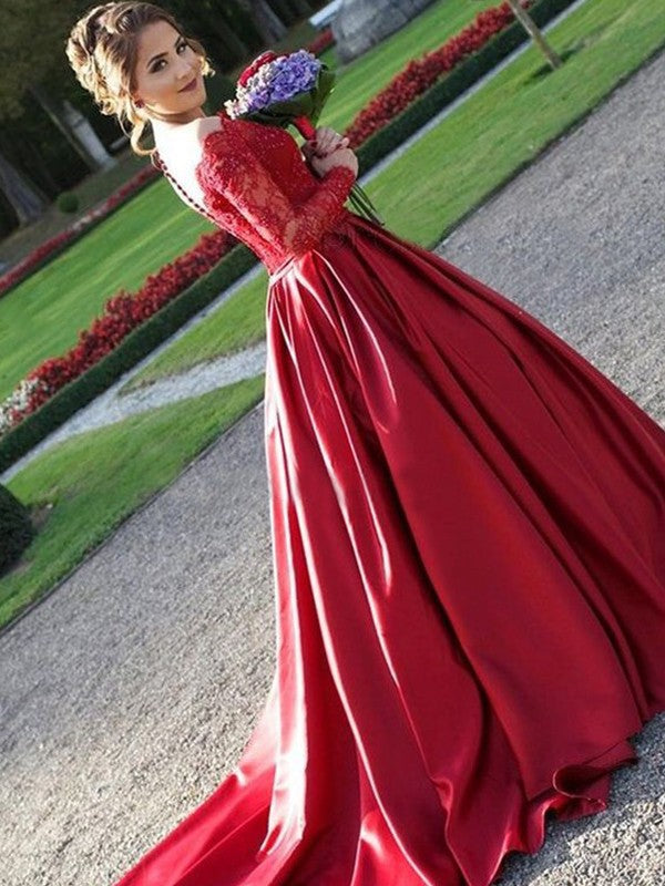 A-Line/Princess V-neck Long Sleeves Sweep/Brush Train Lace Satin Dresses