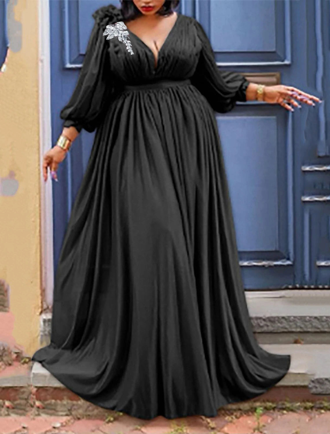 Women‘s Plus Size Curve Party Dress Solid Color V Neck Ruched 3/4 Length Sleeve Spring Fall Elegant Formal Prom Dress Maxi long Dress Party Back to School Dress Homecoming Dress