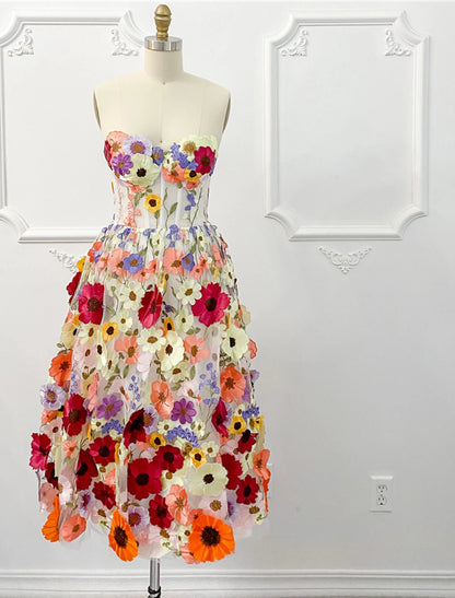 A-Line Cocktail Dresses Floral Dress Summer Garden Party Knee Length Sleeveless Strapless Tulle with Appliques