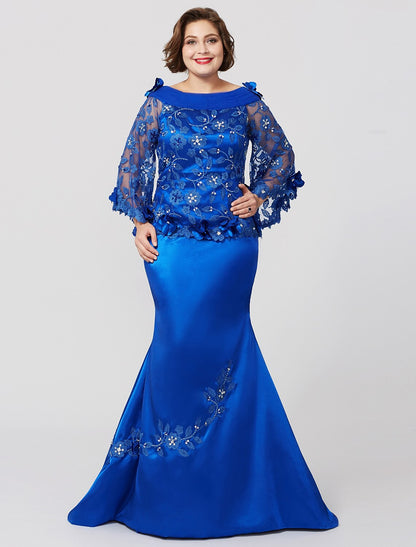 Mermaid / Trumpet Mother of the Bride Dress Formal Plus Size Elegant Bateau Neck Sweep / Brush Train Lace Over Charmeuse Long Sleeve No with Pleats Ruffle