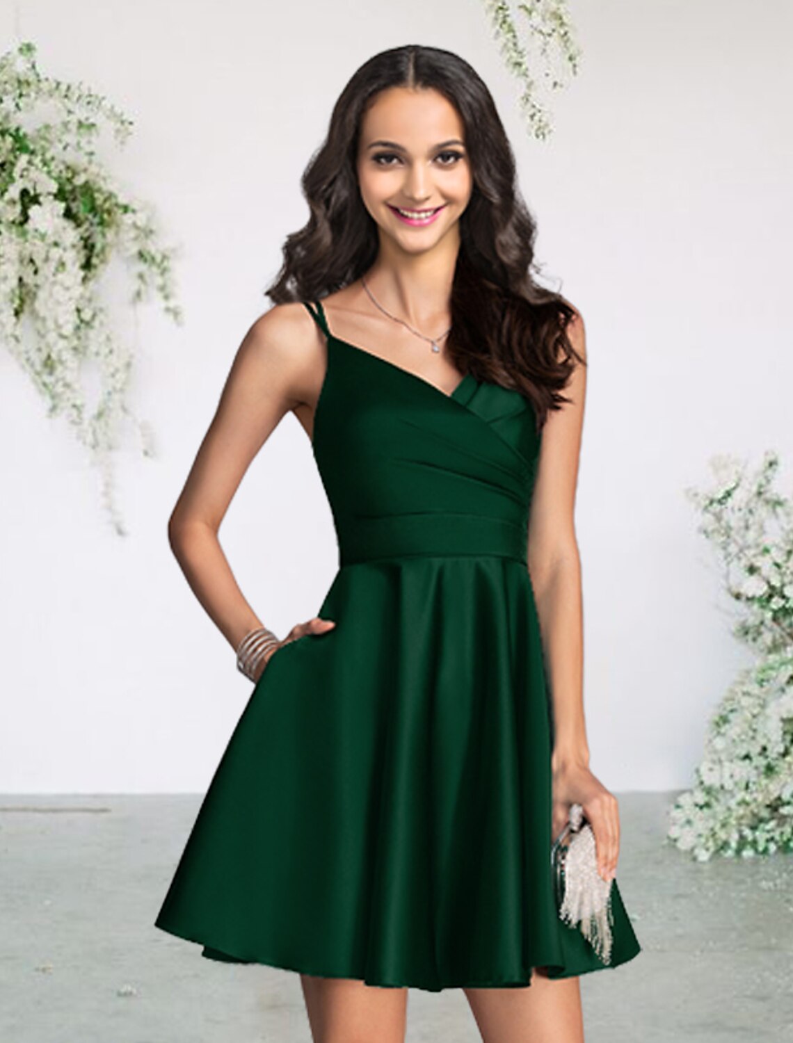 A-Line Bridesmaid Dress V Neck Sleeveless Sexy Short / Mini Satin with Pleats