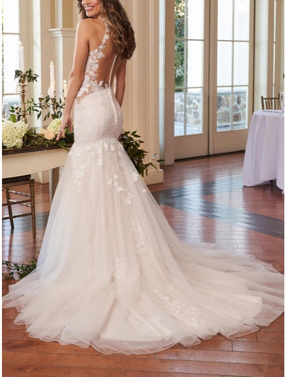 Hall Formal Wedding Dresses Mermaid / Trumpet High Neck Sleeveless Court Train Lace Bridal Gowns With Pleats Solid Color