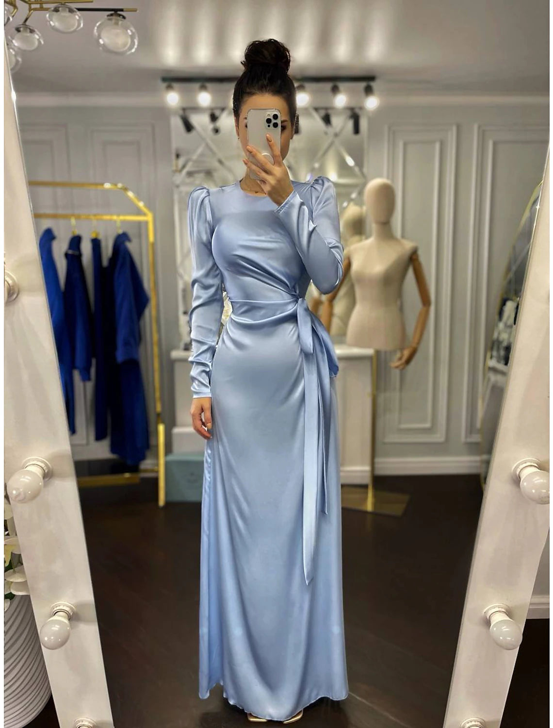 Sheath Party Dress Evening Gown Elegant Dress Wedding Guest Fall Floor Length Long Sleeve High Neck Bridesmaid Dress Satin with Ruched 2024