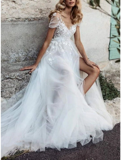 Beach Mature Wedding Dresses A-Line V Neck Short Sleeve Court Train Lace Bridal Gowns With Pleats Split Front