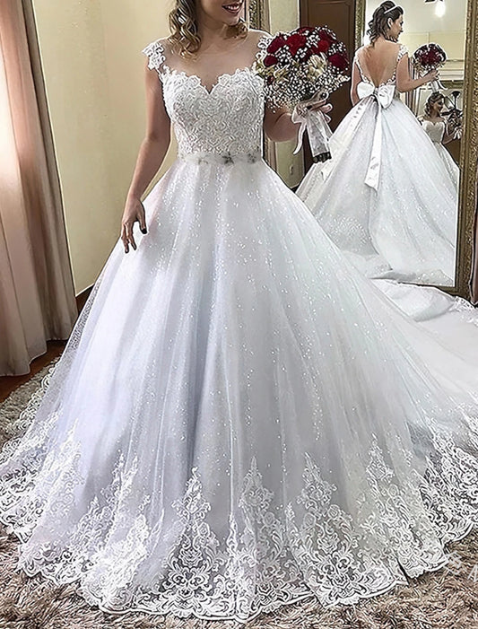 Engagement Formal Wedding Dresses Ball Gown Illusion Neck Cap Sleeve Court Train Lace Bridal Gowns With Bow(s) Appliques