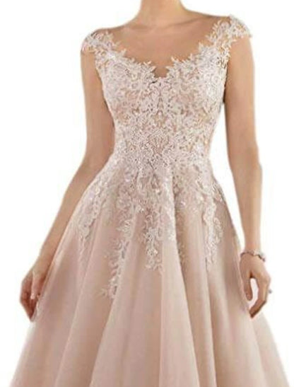 A-Line Mother of the Bride Dress Wedding Guest Elegant V Neck Tea Length Lace Tulle Sleeveless with Pleats Appliques