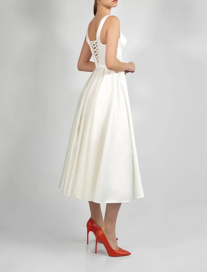 Hall Little White Dresses Wedding Dresses A-Line Scoop Neck Sleeveless Tea Length Satin Bridal Gowns With Pleats Solid Color