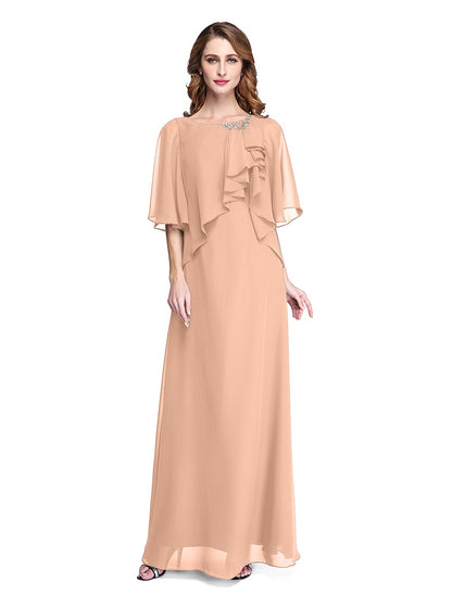 Sheath / Column Mother of the Bride Dress Elegant Open Back Jewel Neck Floor Length Chiffon Half Sleeve with Pleats Beading Ruffle