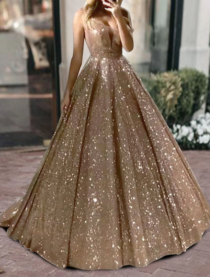 Ball Gown Glitter Prom Black Dress Luxurious Tulle Sparkly Dress For Wedding Party Quinceanera Sweep / Brush Train Sleeveless V Neck Tulle V Back with Sequin 2024