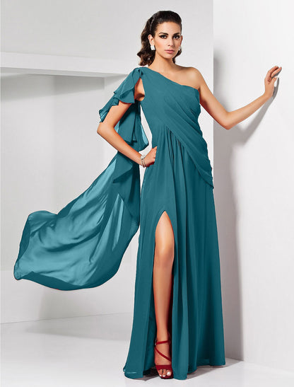 Sheath Christmas Red Green Dress Empire Wedding Guest Formal Evening Dress One Shoulder Sleeveless Floor Length Chiffon with Draping Slit