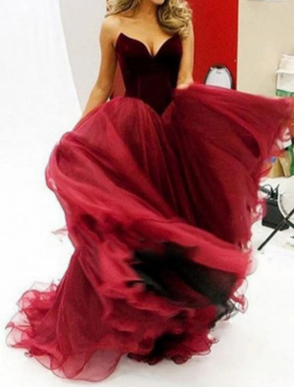 A-Line Prom Dresses Elegant Dress Prom Formal Evening Floor Length Sleeveless V Neck Velvet with Pleats