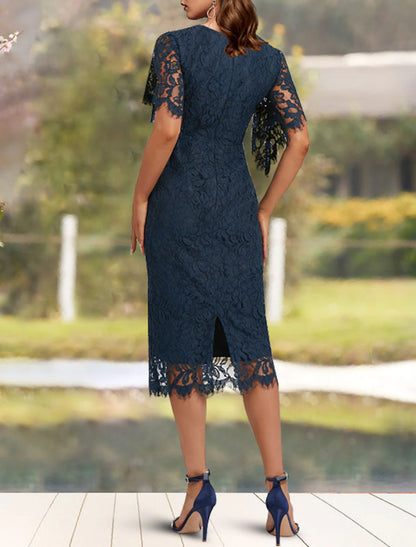 Sheath / Column Mother of the Bride Dress Wedding Guest Elegant Jewel Neck Tea Length Lace Short Sleeve with Solid Color