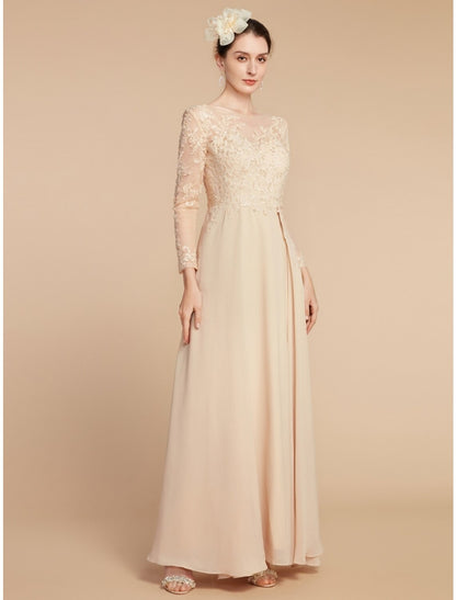 A-Line Mother of the Bride Dress Wedding Guest Elegant Jewel Neck Ankle Length Chiffon Lace Long Sleeve with Ruching Solid Color