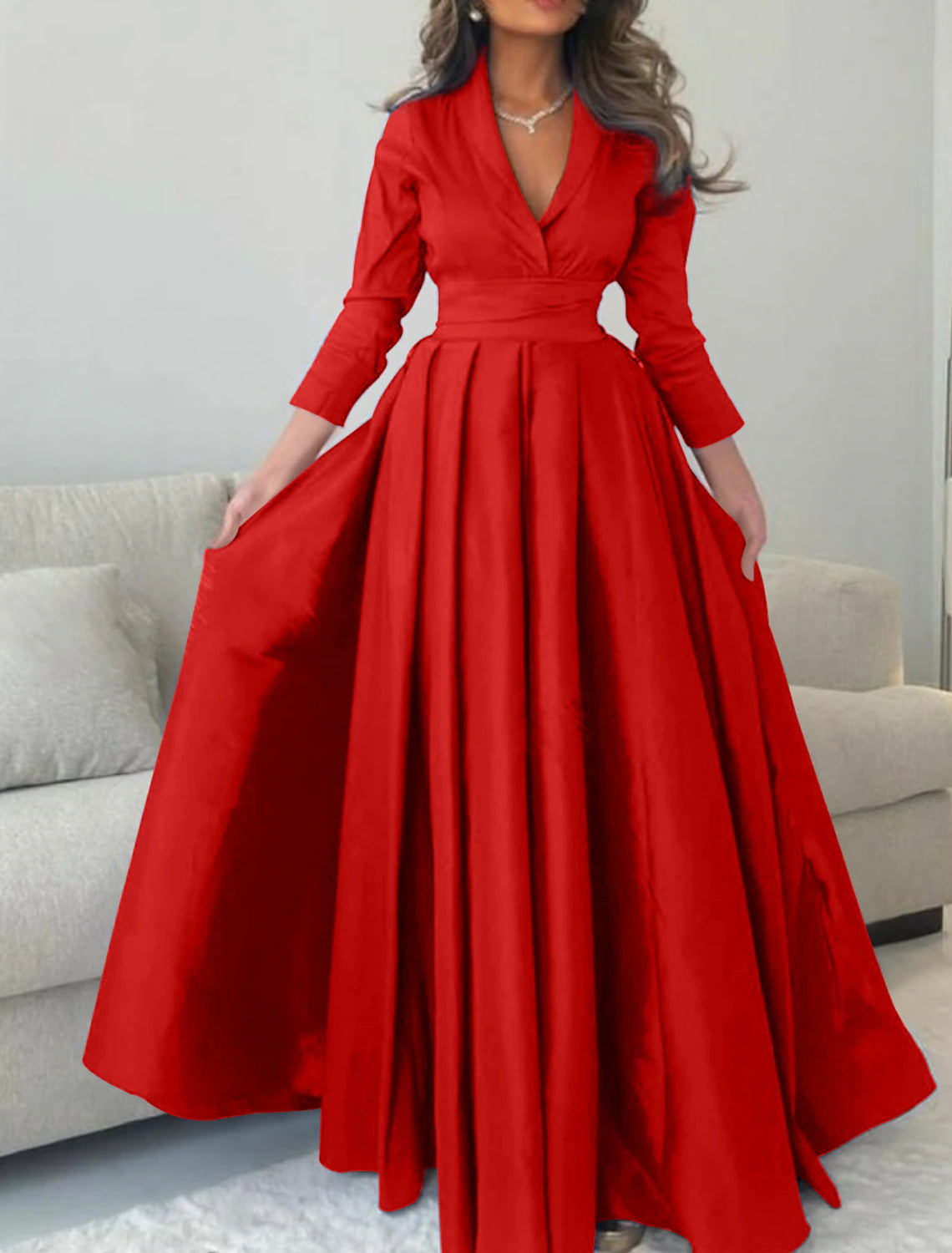 Satin A-Line Evening Gown Green Elegant Dress Formal Champagne Christmas Red Green Dress Floor Length 3/4 Length Sleeve V Neck with Pleats 2024